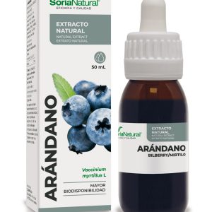 Екстракт от боровинка на Soria Natural в тъмна стъклена бутилка, поставена до пресни боровинки и оригиналната опаковка на продукта