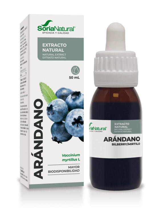 Екстракт от боровинка на Soria Natural в тъмна стъклена бутилка, поставена до пресни боровинки и оригиналната опаковка на продукта
